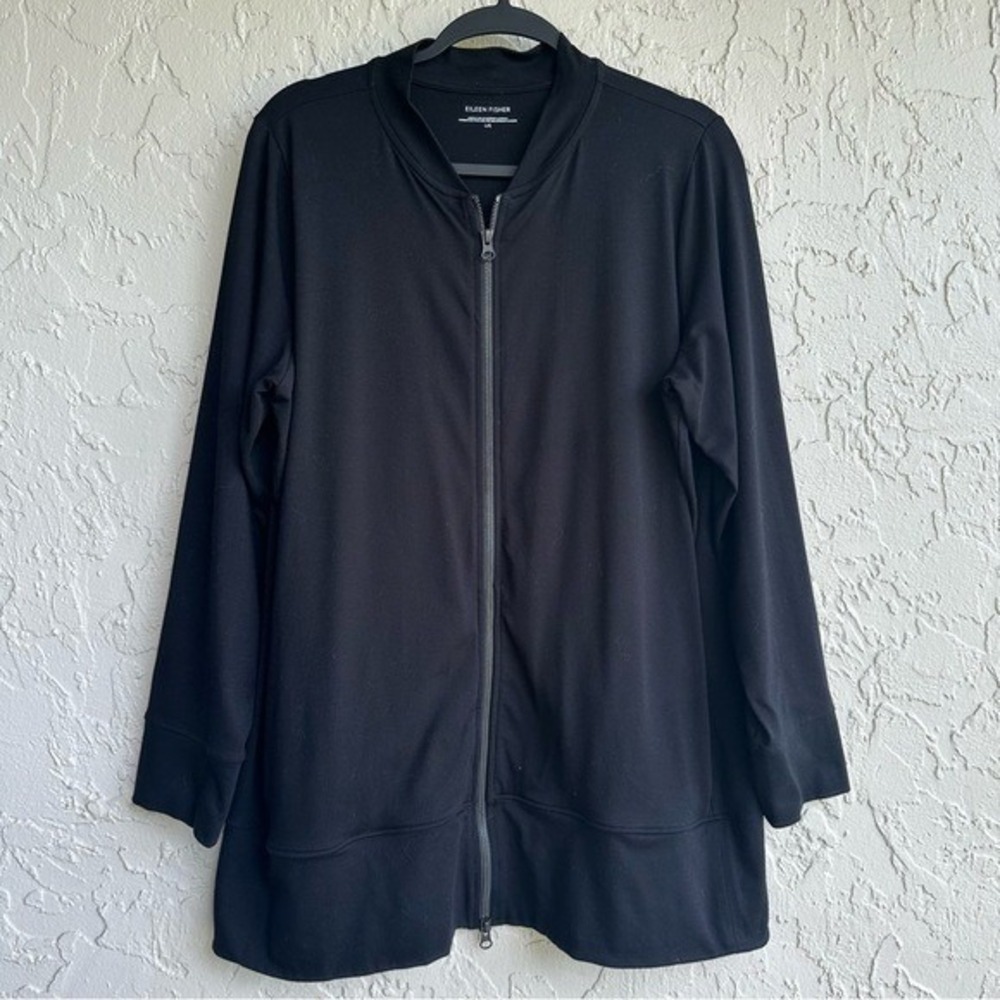 Eileen Fisher Womens Black Organic Cotton Stretch Zip Up Longline Jacket Large